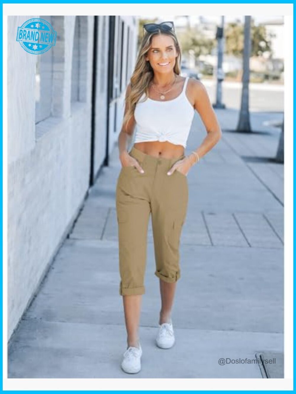 High Waisted Cargo Capri Pants Relaxed Fit Elastic Waist Casual Cropped Trousers - Picture 3 of 7